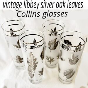 4 Vintage Libbey Metalli Silver Oak Leaves Frosted Collins Glasses 7" H